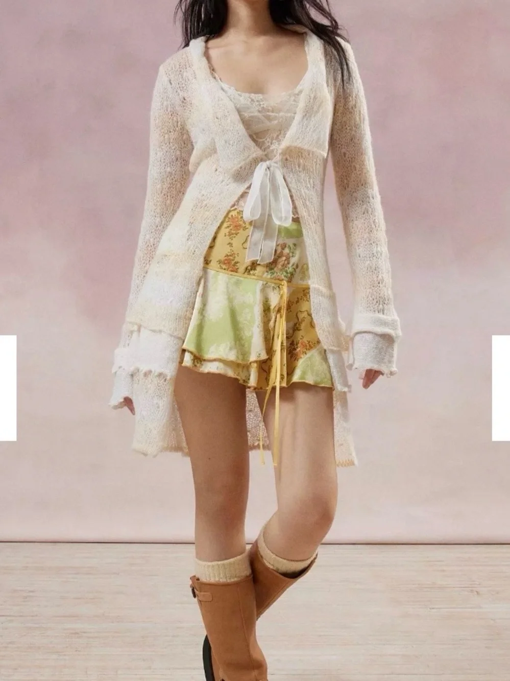 NWOT UO Free People Kimchi Blue Rosalyn Longline Tie Front Ruffle Cardigan xs